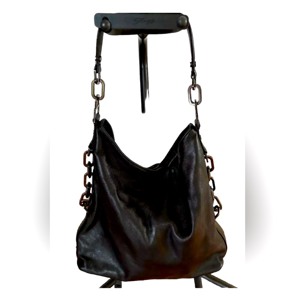 EUC Tory Burch Black Leather Shoulder Bag Gun Metal Chain Accents